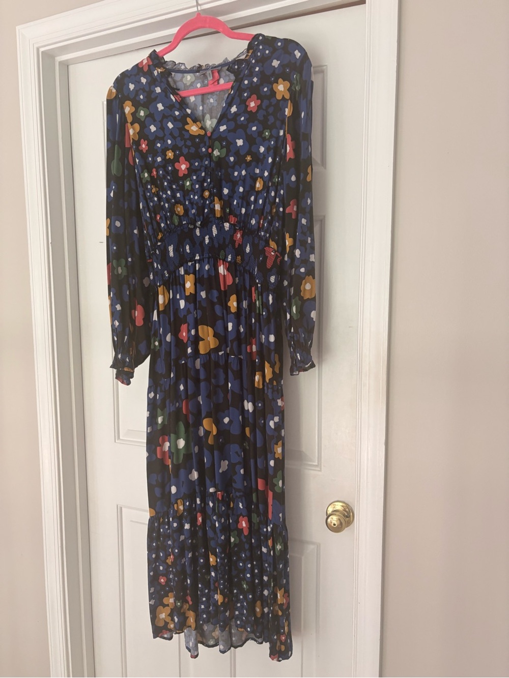 Anthropologie Navy Floral Smocked Maxi Dress Sz Medium